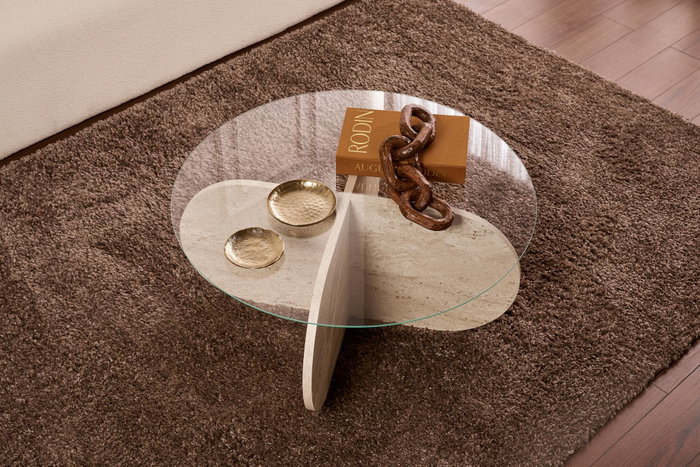 Nordure Mesa de Café Travertino y Transparente, Vidrio Templado, 75x35x75 cm